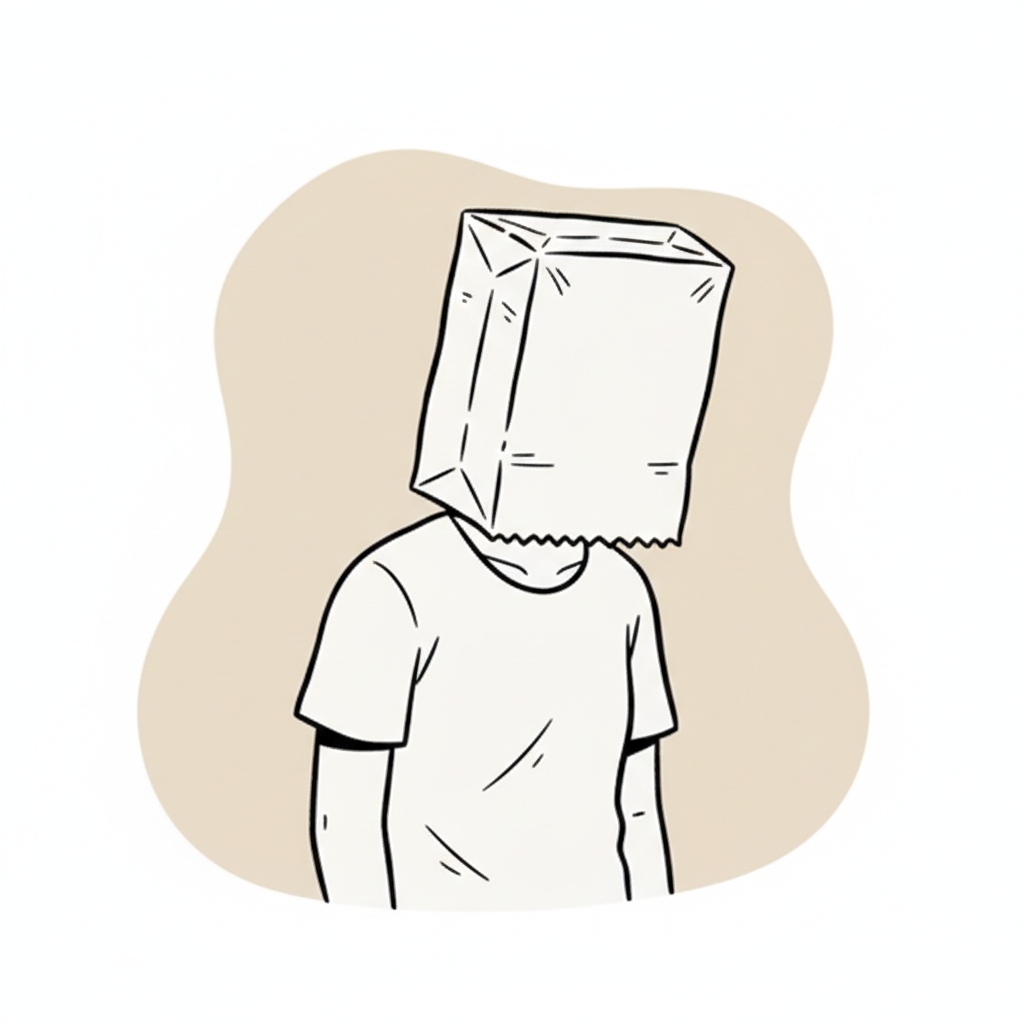 Person with paper bag over head representing uncertainty