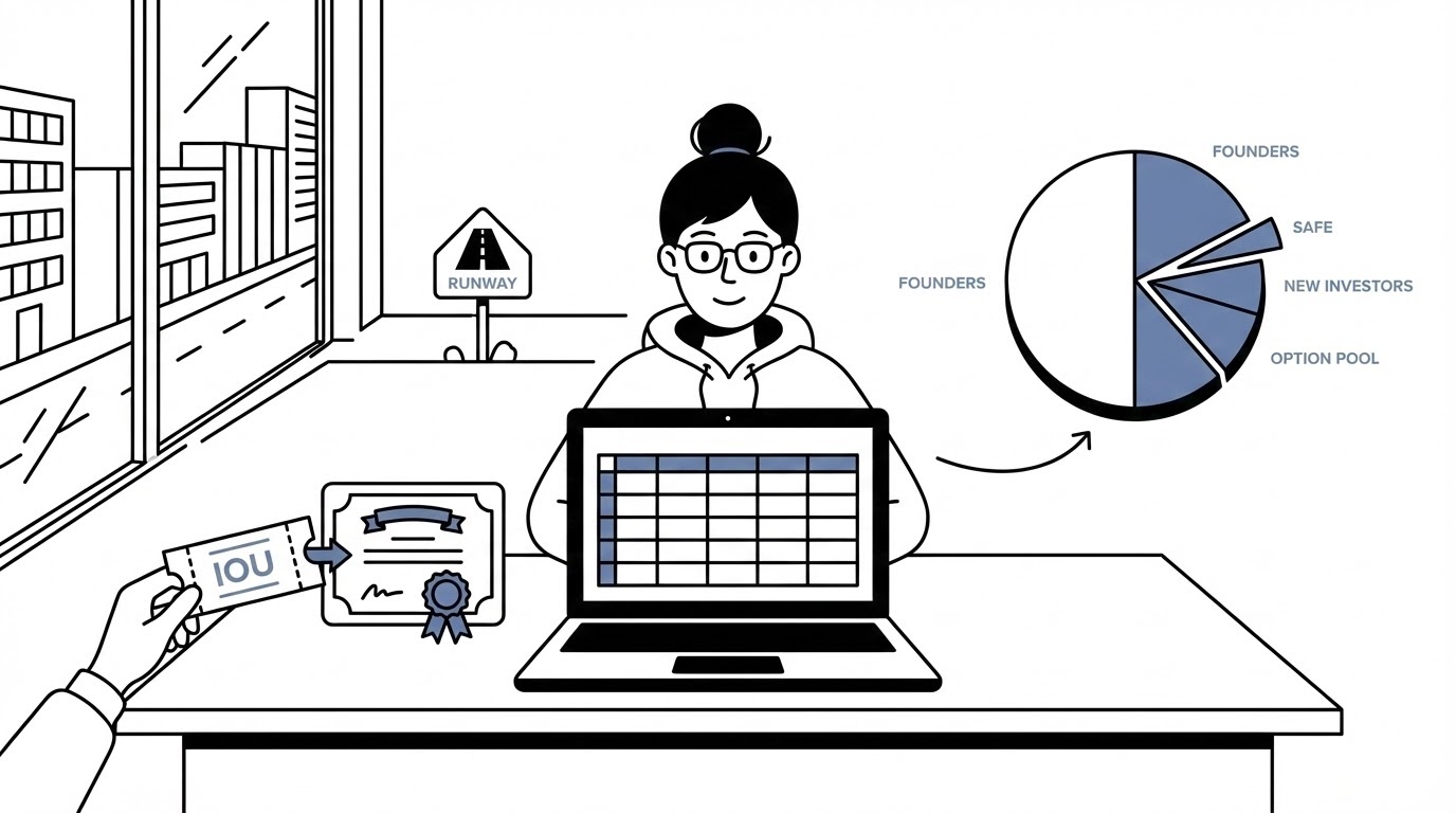 SAFE financing explained: showing how SAFEs convert from an IOU to equity shares, with cap table breakdown showing founders, SAFE holders, new investors, and option pool